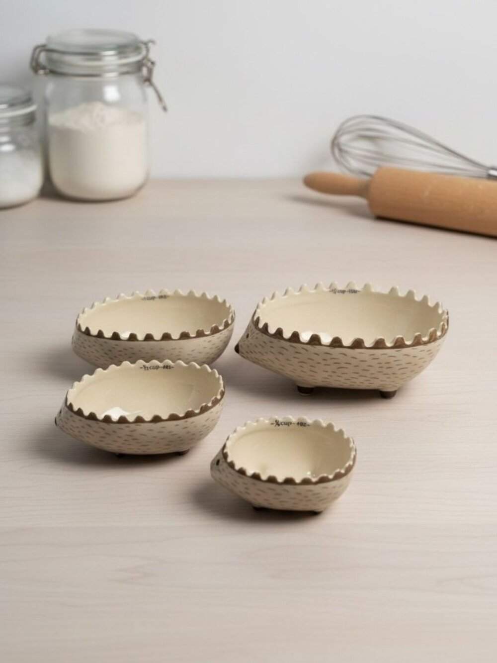 Creative Co-Op 4‑Piece Stoneware Hedgehog Measuring Cups Wavy Rim Design